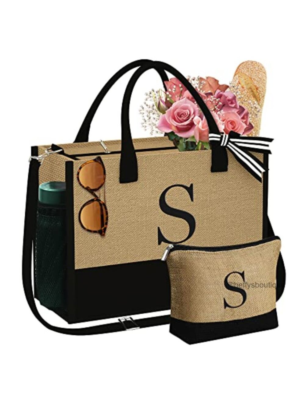 Personalized Jute Tote Bag & Makeup Bag Set Monogram Embroidery Zipper